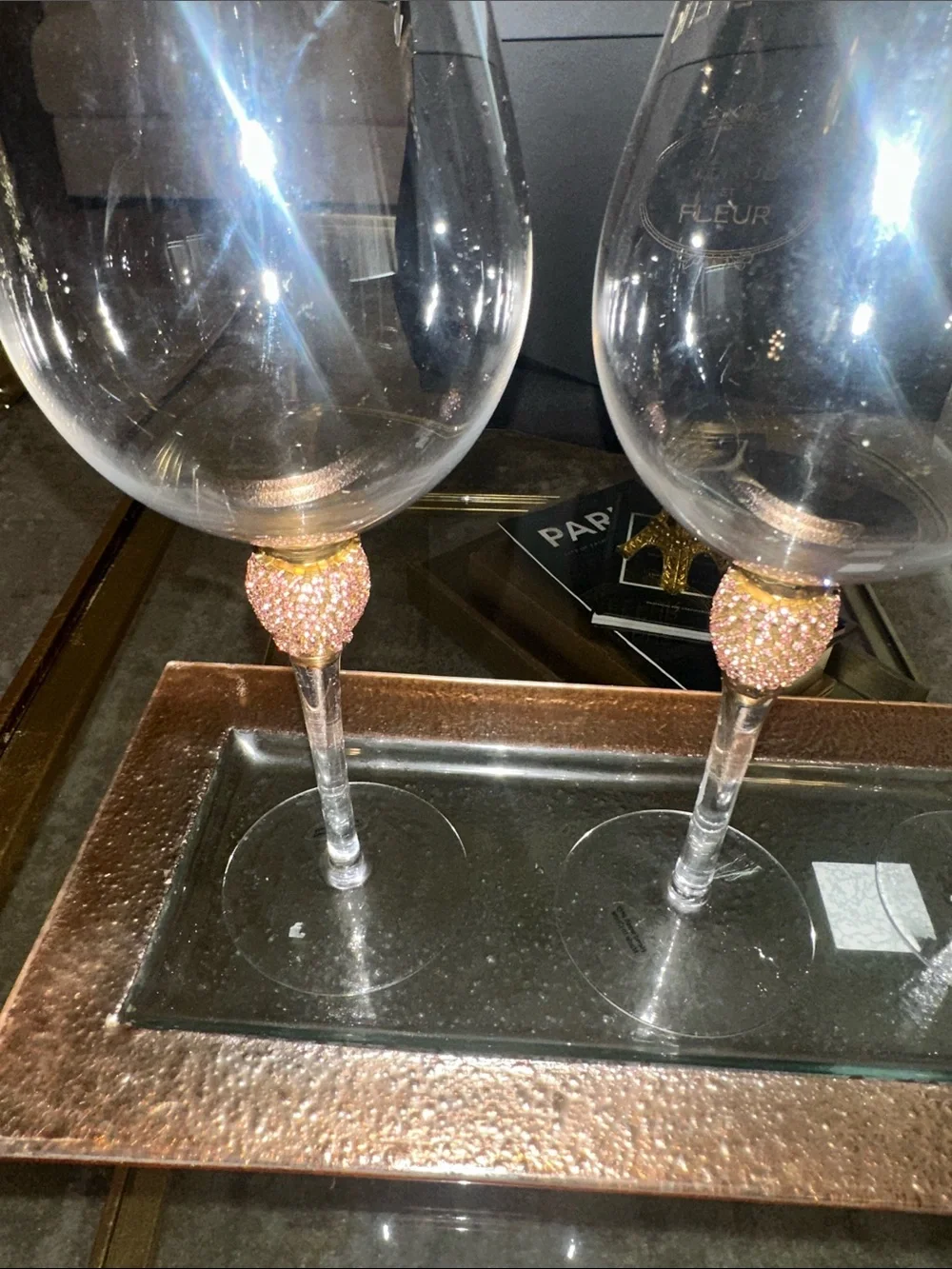 Pink & Gold Rhino Trim Crystal Wine Glasses - Set